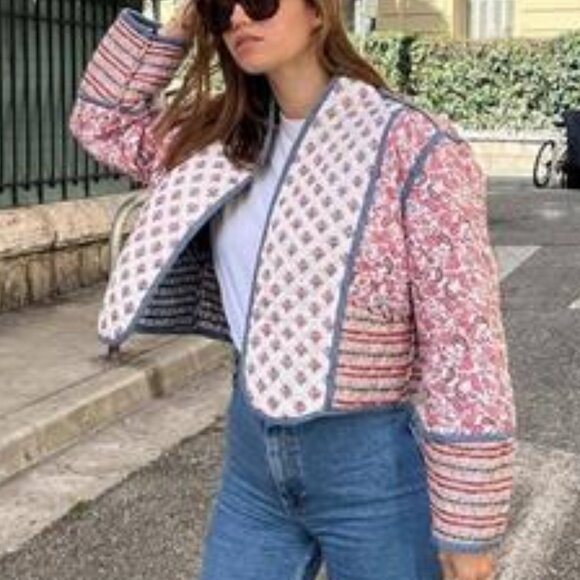 Women’s Retro Floral Quilted Cropped Puffer Jacket Stand Collar Vintage Coat - Picture 2 of 4